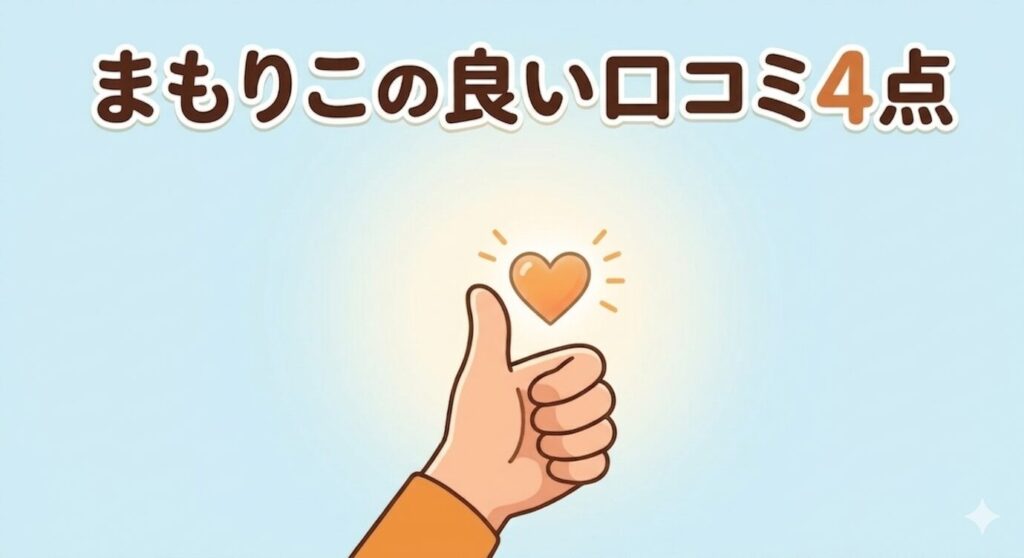 「まもりこの良い口コミ4点」という文字と親指を立てた「いいね」の手のイラストが描かれた、清潔感のある淡いブルーのアイキャッチ画像。