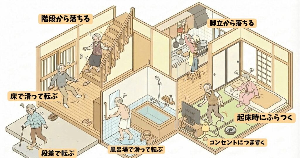 高齢者の自宅内で起こりやすい転倒・転落事故の例を示したイラスト。階段や脚立からの転落、床や浴室での転倒、段差につまずく、起床時のふらつきなど、日常生活に潜むリスクを場面別に表している