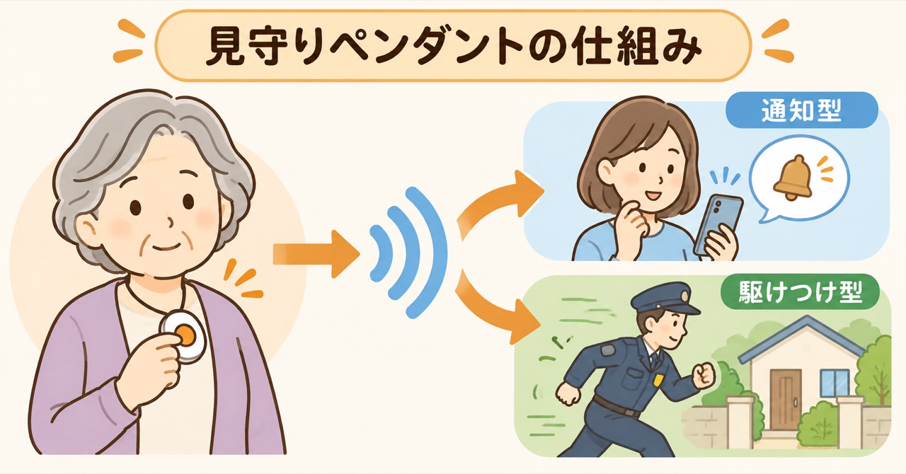 見守りペンダントの仕組み。本人がボタンを押すと、家族に通知が届く「通知型」か、警備員が来る「駆けつけ型」で対応が分かれる