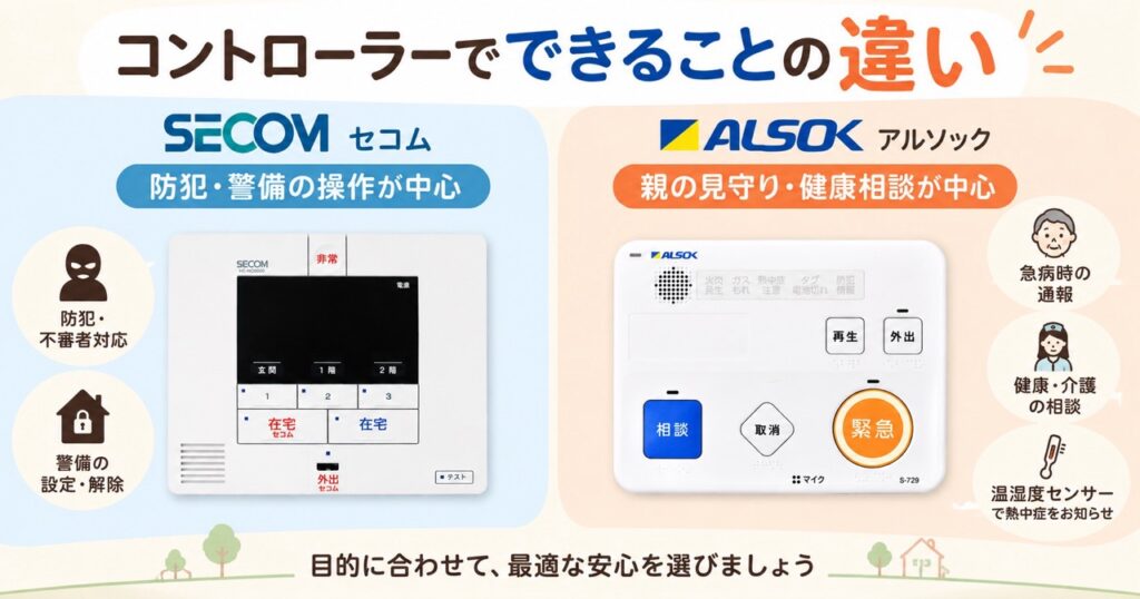 セコムとアルソックのコントローラーでできることの違いを比較した図。セコムは防犯・警備の操作が中心、アルソックは急病時の通報と健康・介護の相談が中心