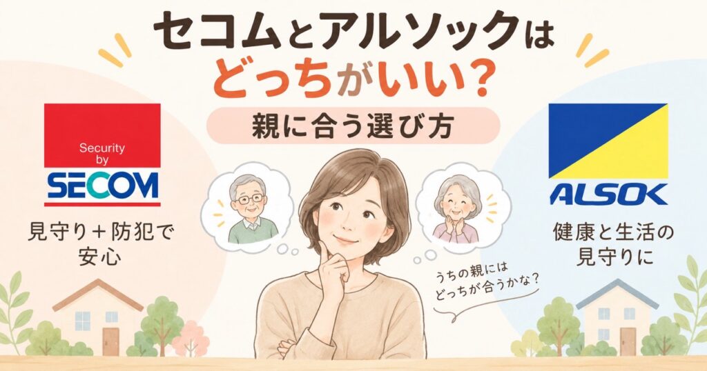 セコムとアルソックはどっちがいい?親に合う選び方を示した図。セコムは見守りと防犯をまとめて備えたい家庭に向き、アルソックは健康と生活の見守りを重視する家庭に向いている