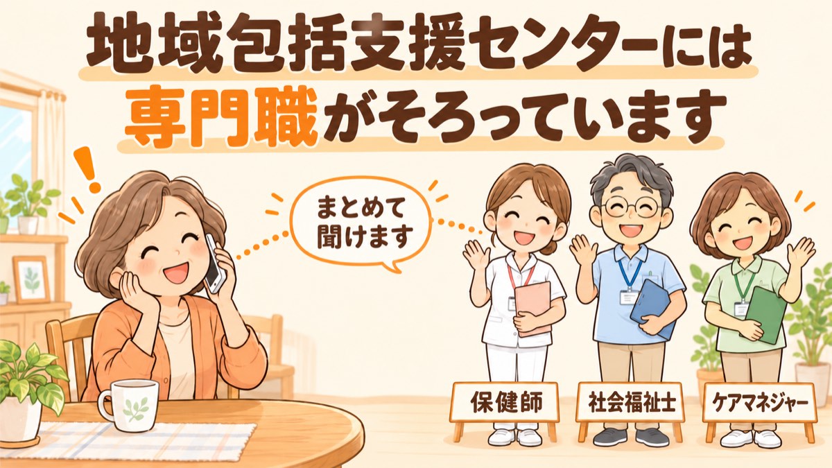 地域包括支援センターには保健師・社会福祉士・ケアマネジャーといった専門職がそろっていて、見守りと介護の相談をまとめて聞ける。
