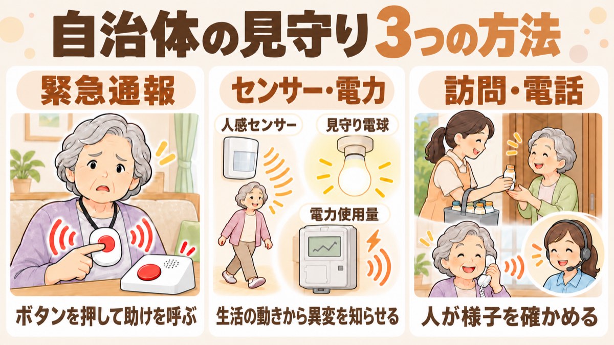 自治体の高齢者見守りサービス3つの方法。ボタンを押して助けを呼ぶ緊急通報、生活の動きから異変を知らせるセンサー・電力、人が様子を確かめる訪問・電話。