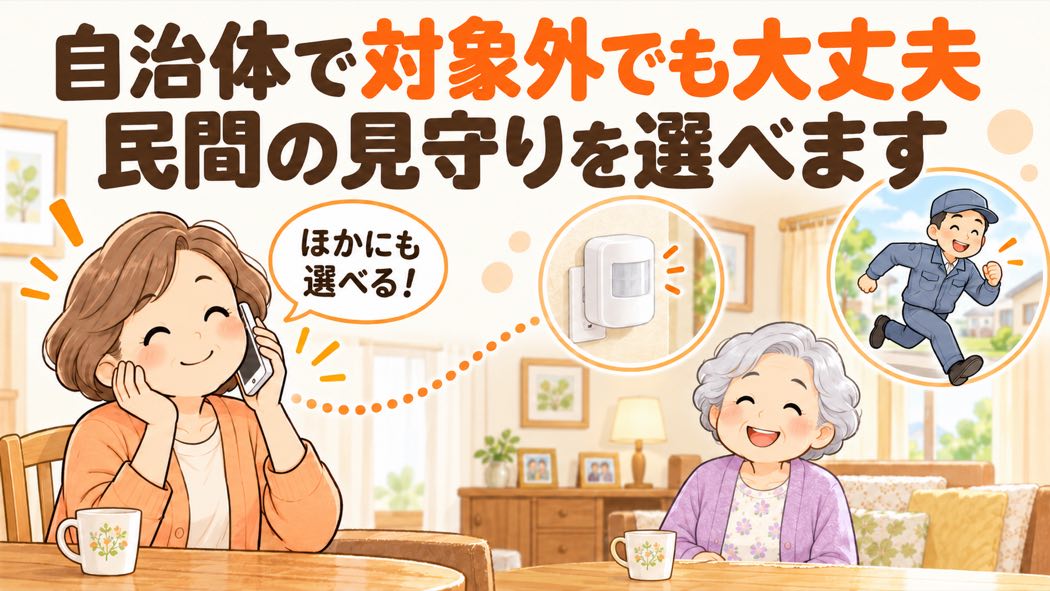 自治体の見守りサービスで対象外でも、民間の見守りサービスを選べる。センサーや駆けつけなど、ほかにも選択肢があることを示すイラスト。